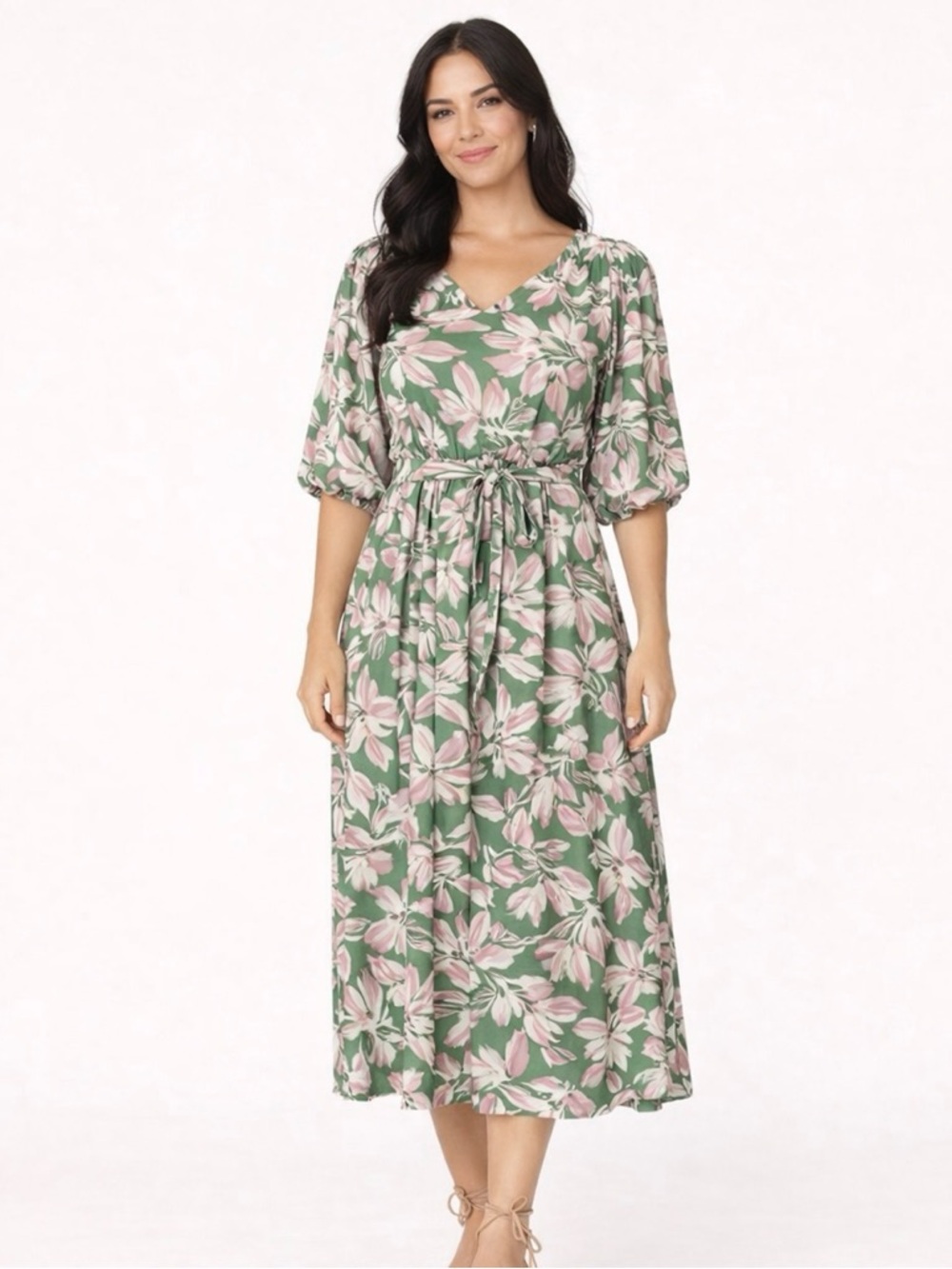 Jade Melody Tam Green Pink Floral Midi Dress Puff Sleeve Tie Waist M NWOT